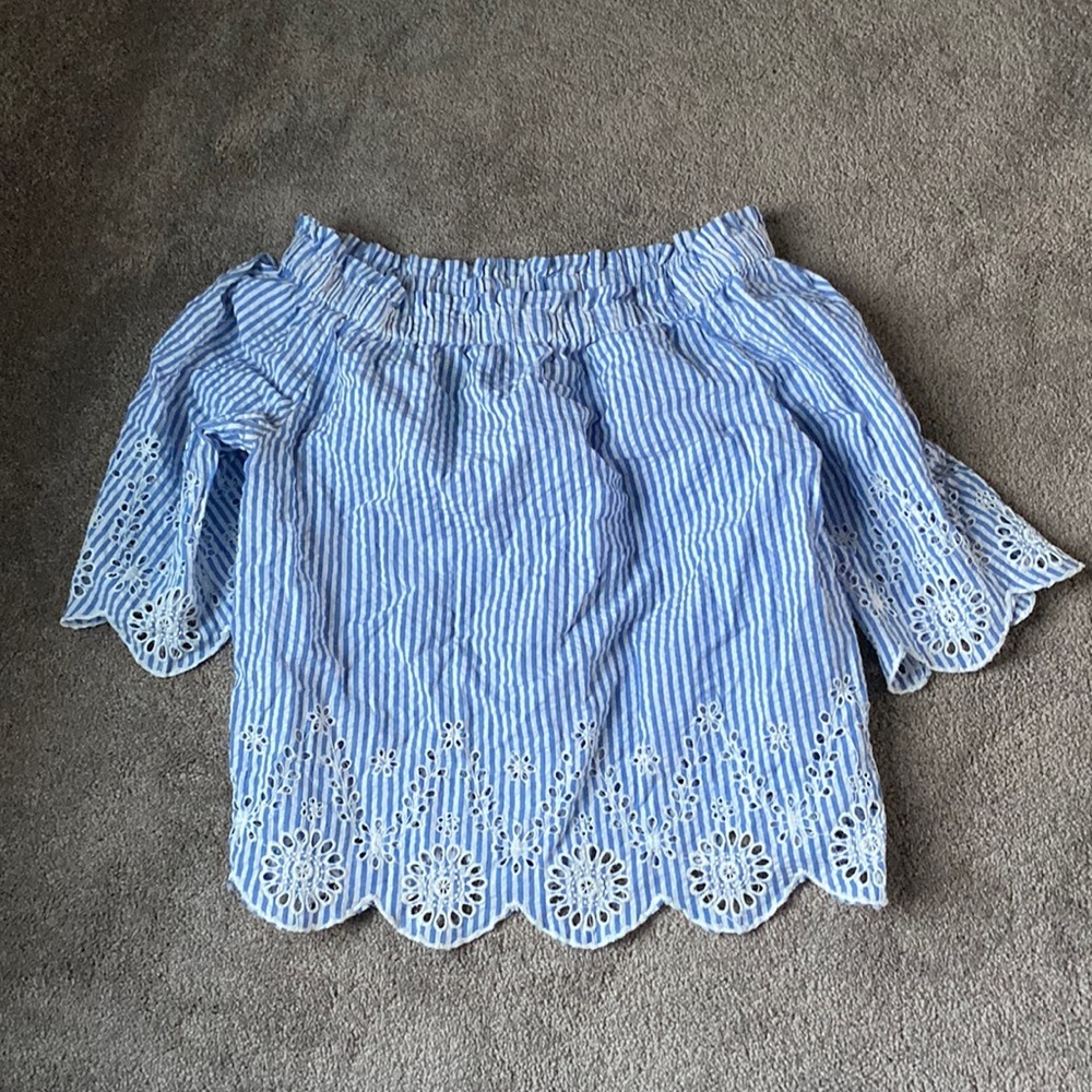 NWT Style Envy Blue White Striped Eyelet Off Shoulder Blouse Boho SIZE XL